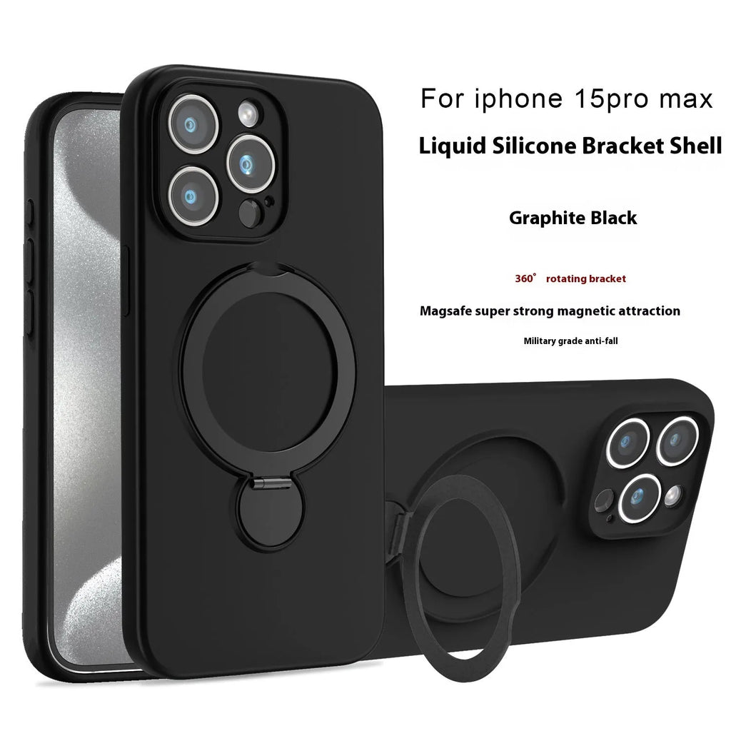 Liquid silicone magnetic bracket phone case for iPhone 14 Pro in Graphite Black showing back with stand and camera cutout