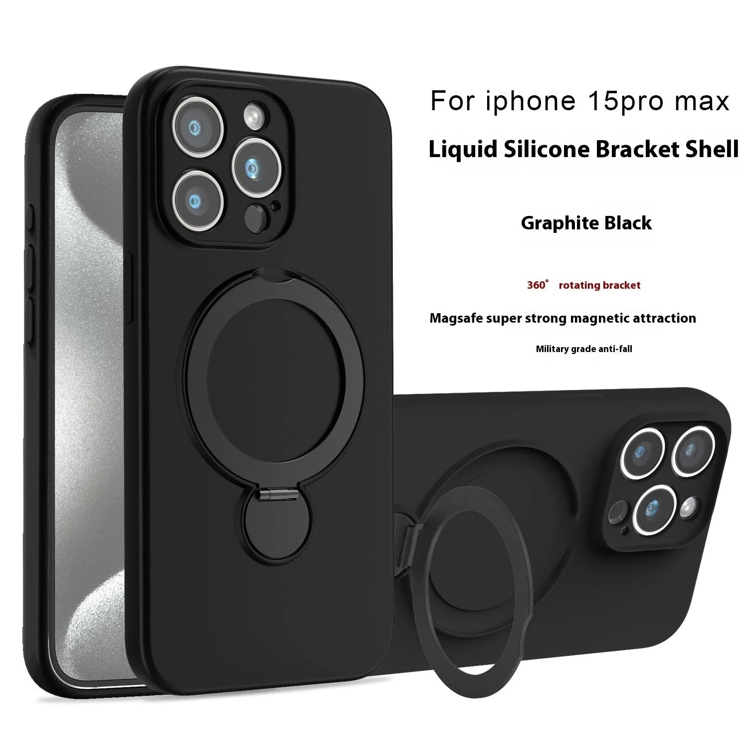 Liquid silicone magnetic bracket phone case for iPhone 14 Pro in Graphite Black showing back with stand and camera cutout
