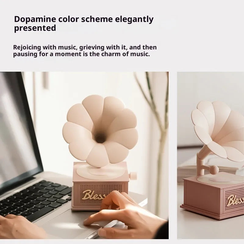 Retro Bluetooth speaker in black red, gray white or lotus pink, 36x120x200mm, with 20Hz-20KHz frequency range and white noise atmosphere.