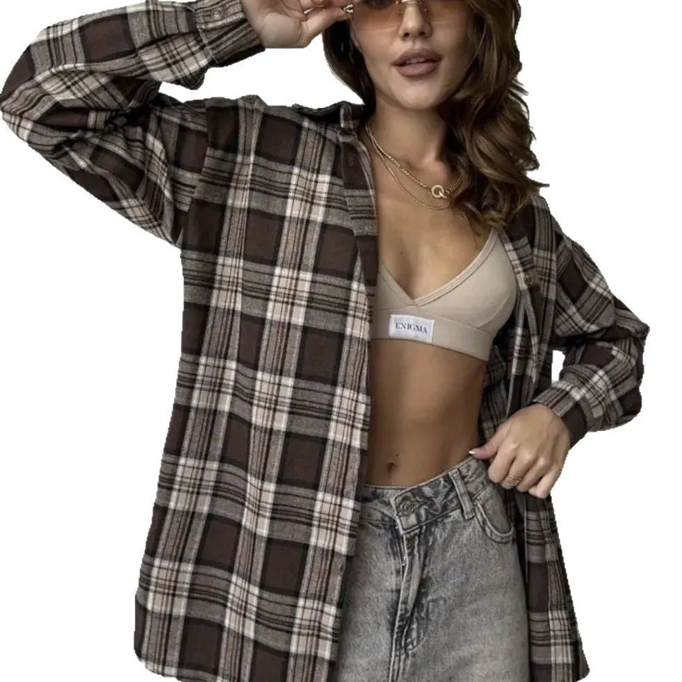 Women's dark brown retro striped long-sleeve shirt with regular fit, shown with and without a chest pocket.