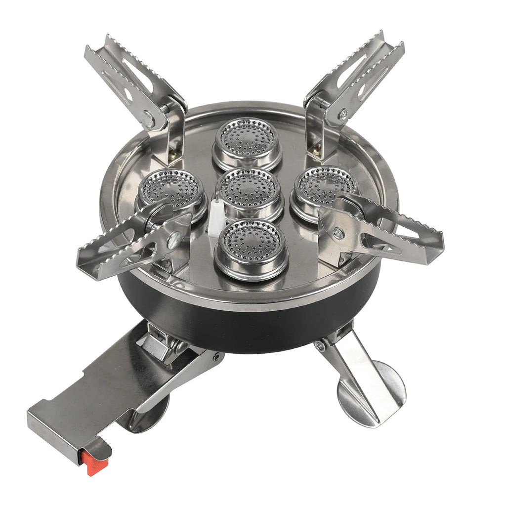 Silver portable split camping stove with extended copper hose on a 155x125mm stainless steel base.