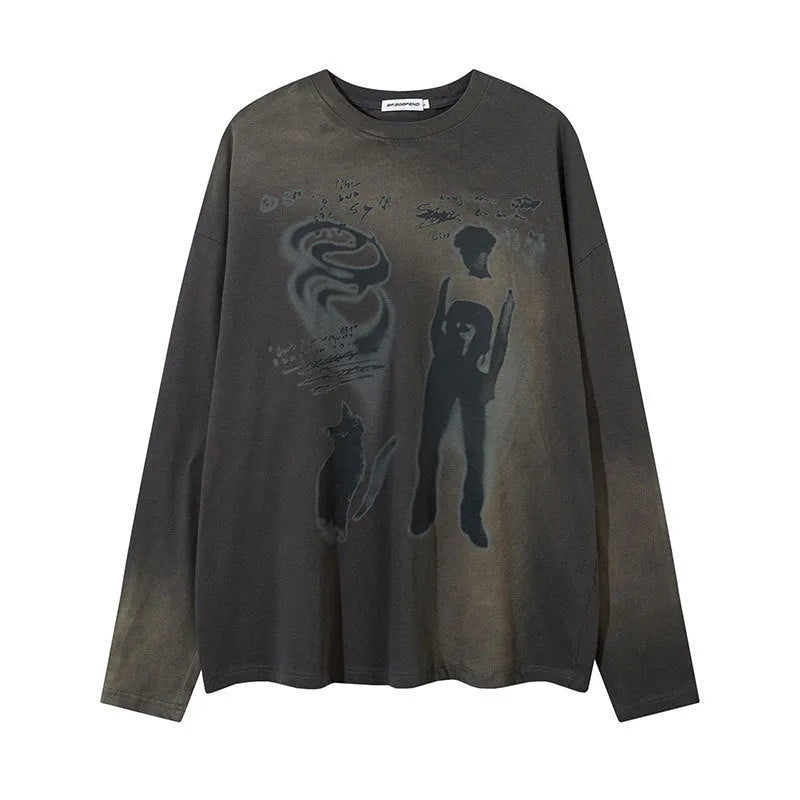 Women's loose dark grey cotton pullover top with drop-shoulder long sleeves on a hanger.