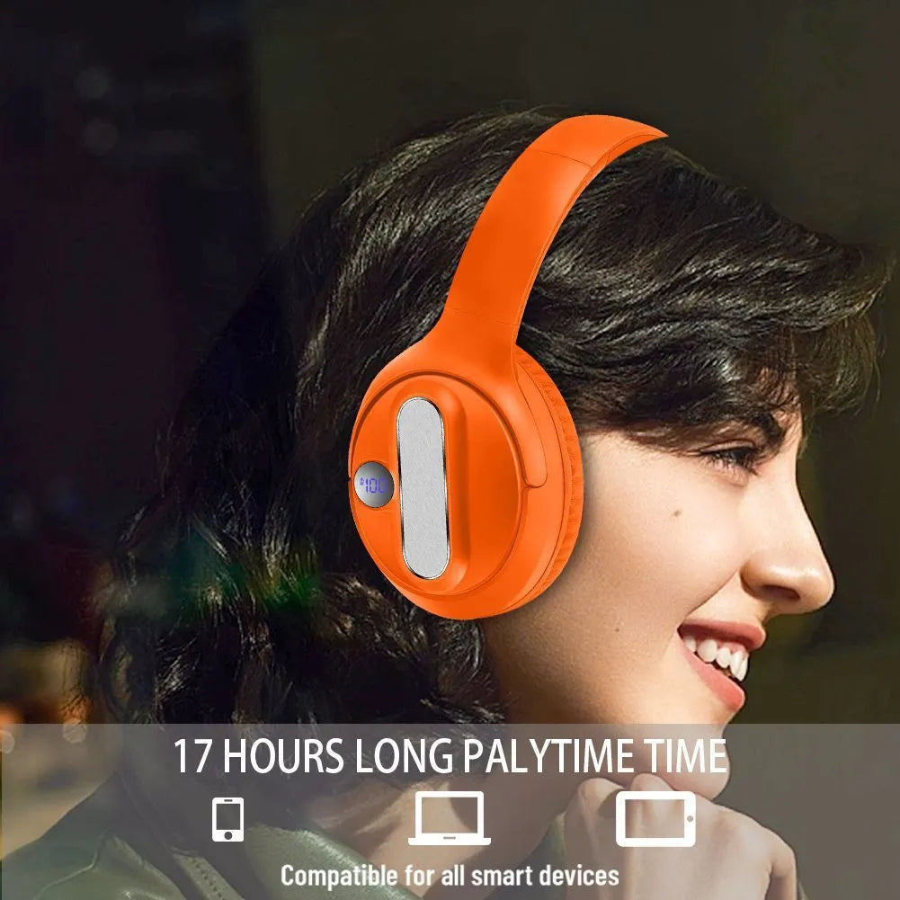 Retro wireless Bluetooth earphones with orange plastic shell, foldable headband, and digital display