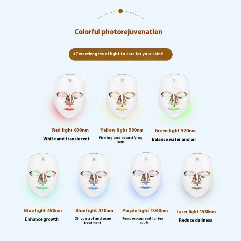 Rechargeable LED beauty mask with touch controls on a white gold edge finish.