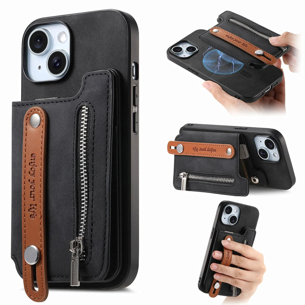 Flip open card holder wallet phone case for Apple iPhone with bracket and magnetic closure in black imitation leather