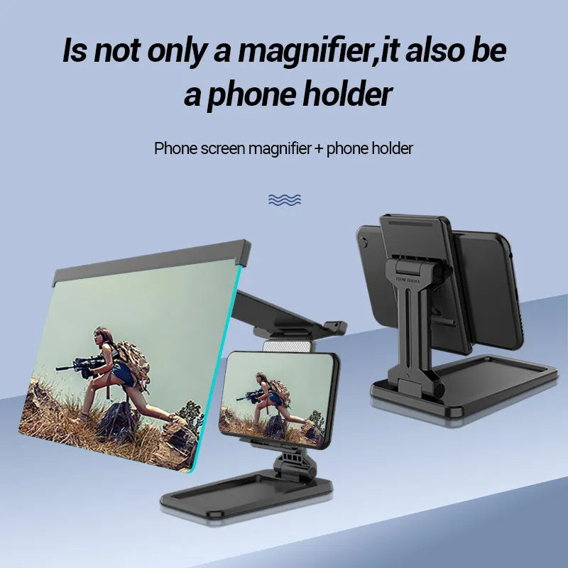 Black folding mobile phone screen magnifier and adjustable holder on a desktop.