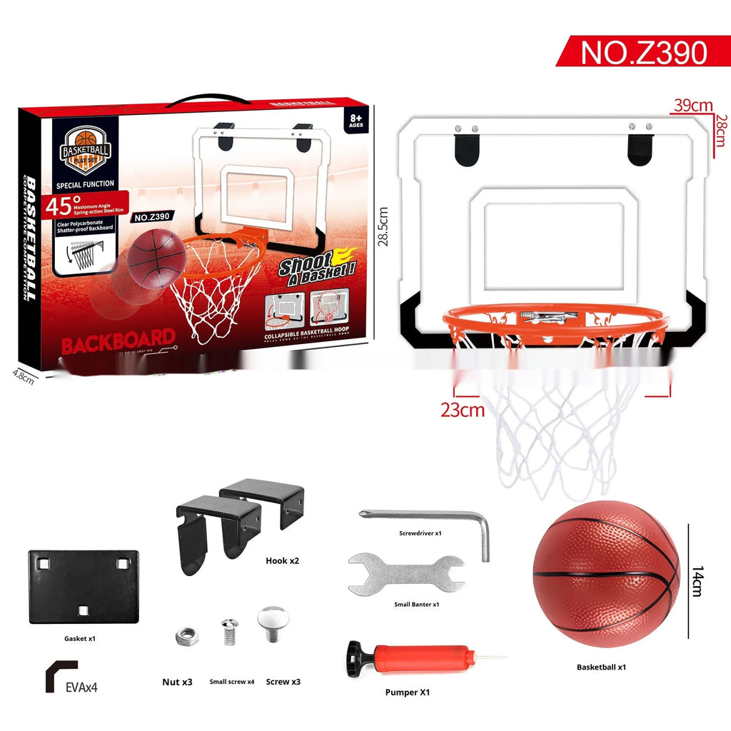 Red and blue folding basketball frame with dunk scoring panel and suction cup mount.