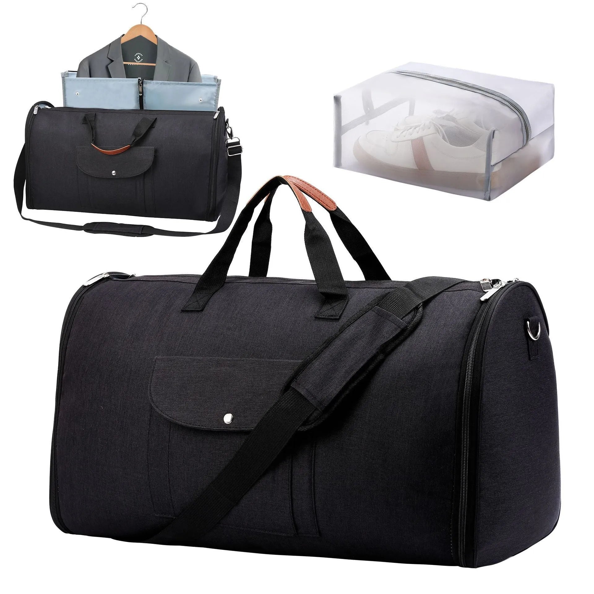 Dark blue folding duffel bag made of Oxford cloth for travel and gym use.