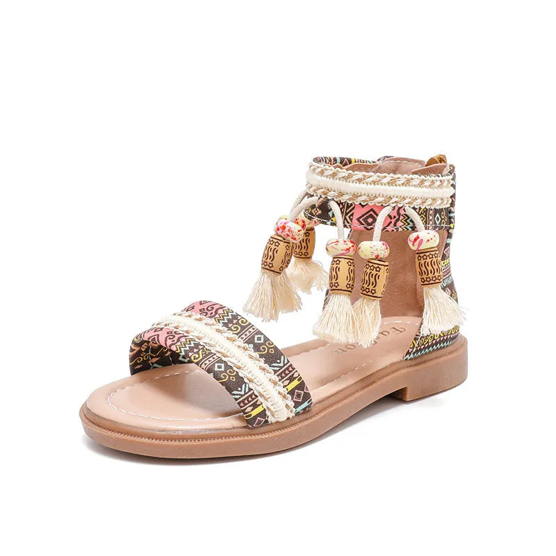Children's Roman sandals with beaded detail, back zipper, cloth upper, black colour, retro style