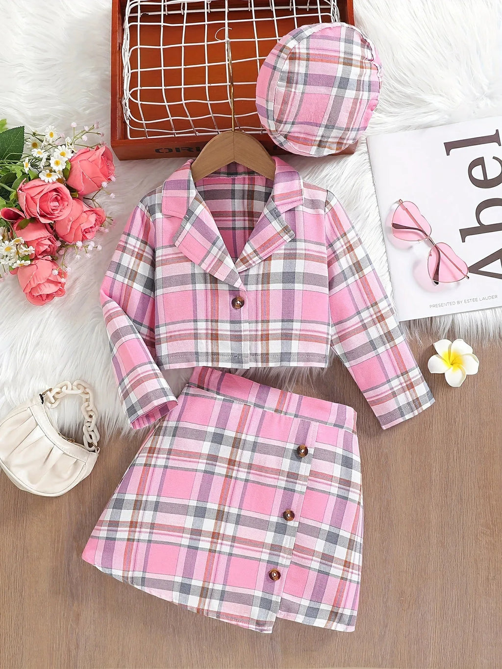 Girls plaid two-piece set with long-sleeved jacket and short skirt in pink, khaki, or black and gray