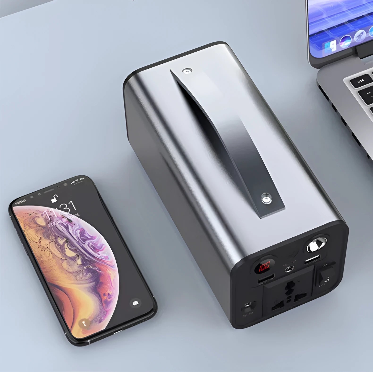 Portable power station with 45000mAh capacity, 180W output, featuring AC/DC/USB ports and LED light.