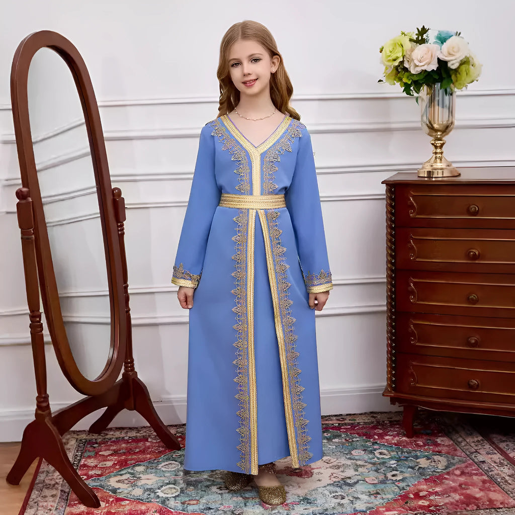 Children's girl lace V-neck dress in ice blue colour, polyester fabric, Dubai style, available in sizes 4Y to 12Y