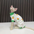 Hairless cat wearing all-inclusive sleeved polyester pet clothing in 2502 Carrot colour, cartoon style.