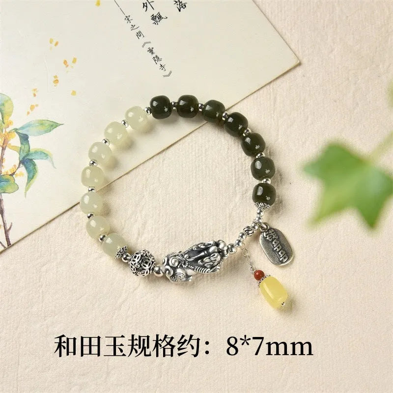 Women's pure silver coin bracelet with natural Hetian jade beads in retro style