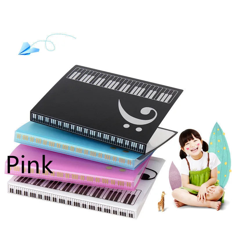 Piano music folder with transparent insert pages, available in black, blue, white, and pink colours.
