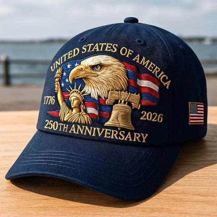 Machine-embroidered American eagle head on a cotton dome crown baseball cap in 250th anniversary colours