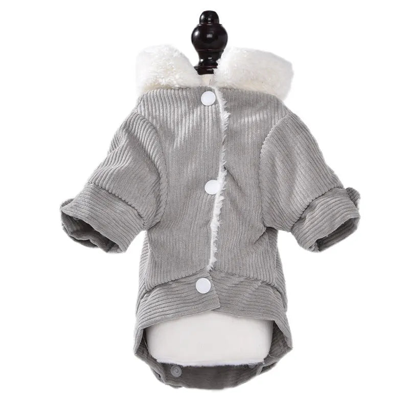 A gray lambswool-lined vest for a dog, showing the padded fleece construction and vest style.