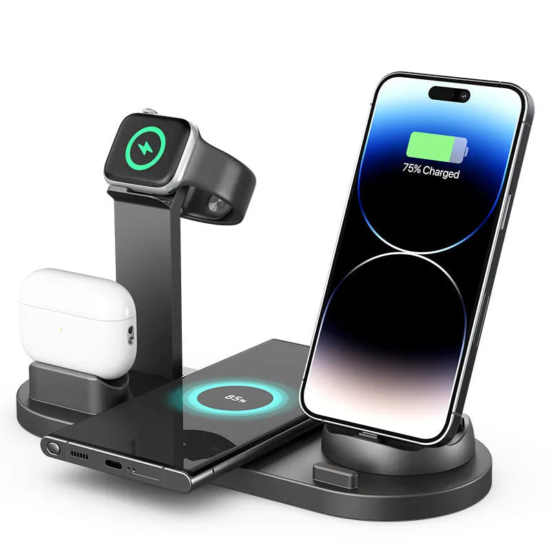 Universal 15W fast wireless charging stand holding a mobile phone upright on a desk