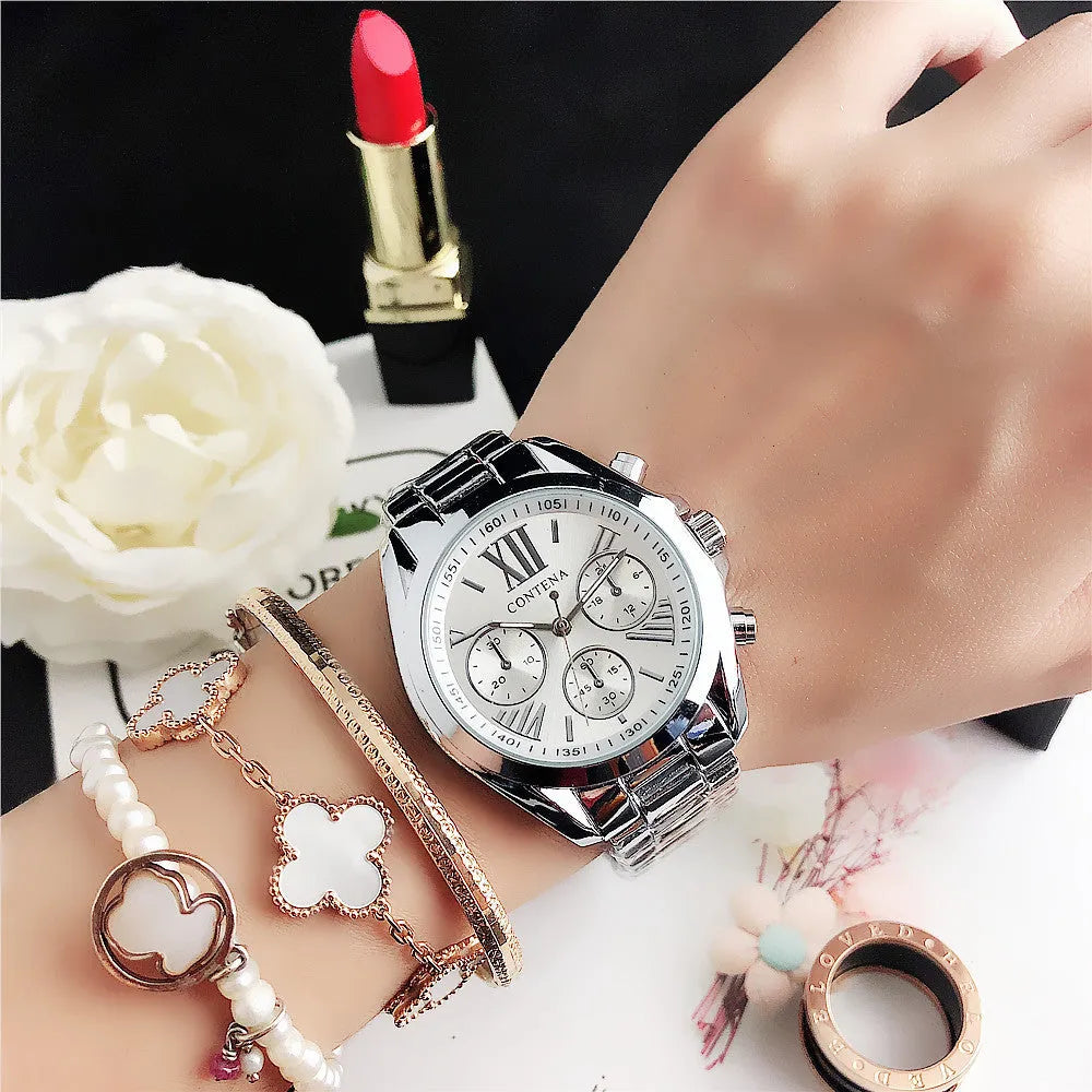 Women's silver rose gold watch with diamond details and mesh strap