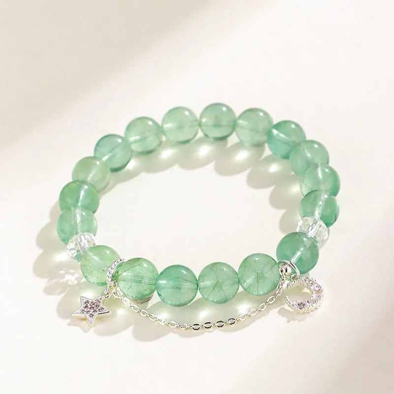 Green fluorite star moon princess bracelet with white crystals and electroplated metal