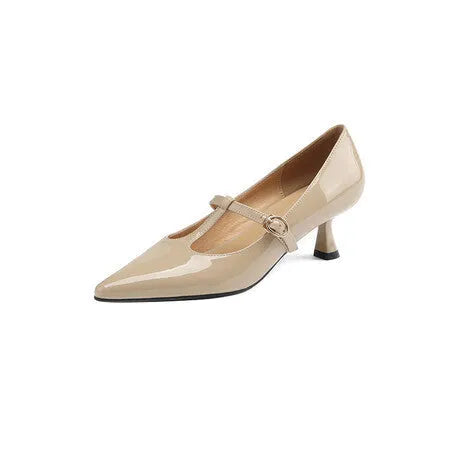 Black women's leather high-heeled shoes with a square toe and a 6-8 cm rubber sole.