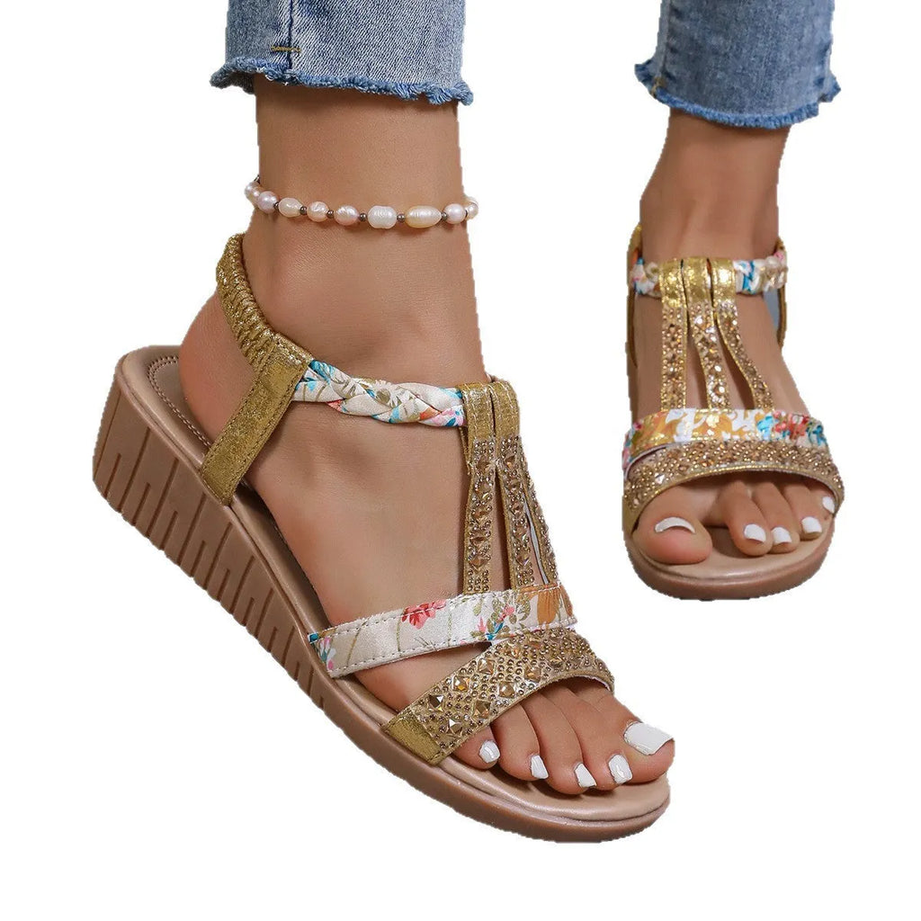 Womens bohemian wedge peep toe sandals in gold with elastic slip-on and PU sole