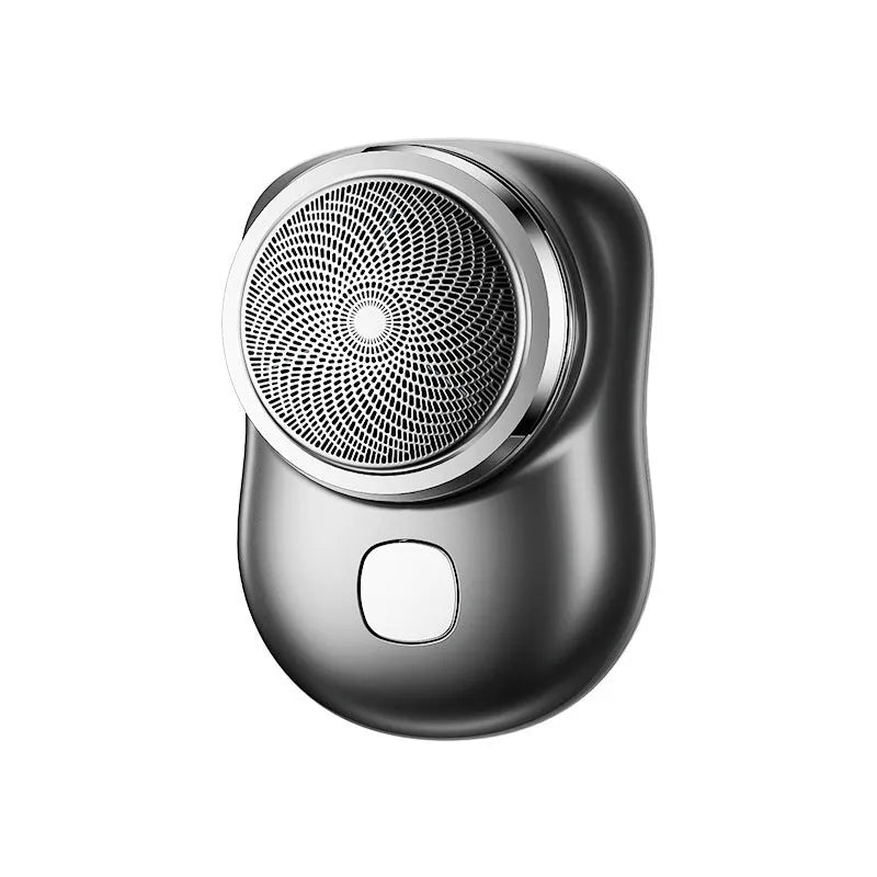 Mini portable USB rechargeable electric shaver with rotary 1-blade head, aluminium body, silver colour, wet and dry use