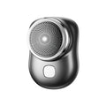 Mini portable USB rechargeable electric shaver with rotary 1-blade head, aluminium body, silver colour, wet and dry use