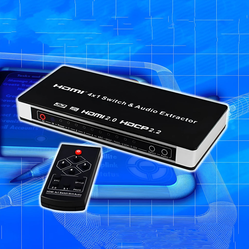 Black HDMI switch unit with four input ports, remote control, and 10m cable for video switching