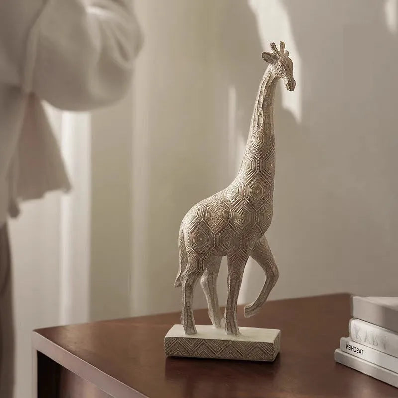 Wood-colour European-style resin giraffe decorative ornament on a shelf.