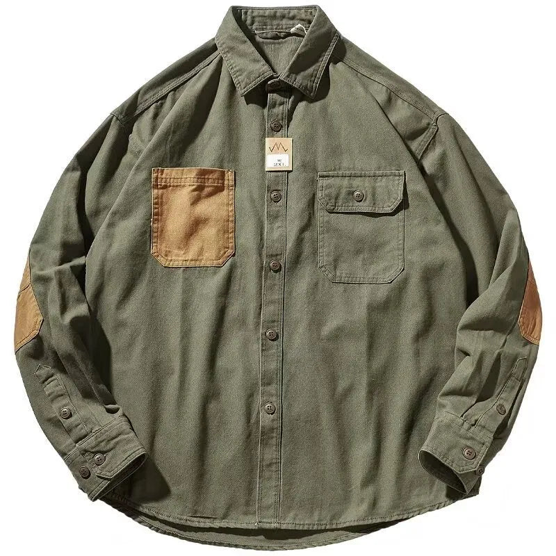 Men's long-sleeved washed cotton-blend shirt in khaki or army green, loose Harajuku retro tooling cardigan style, sizes M-3XL