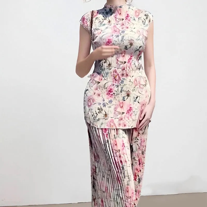 Long sleeve printed chiffon dress with matching high waist skirt in floral pattern