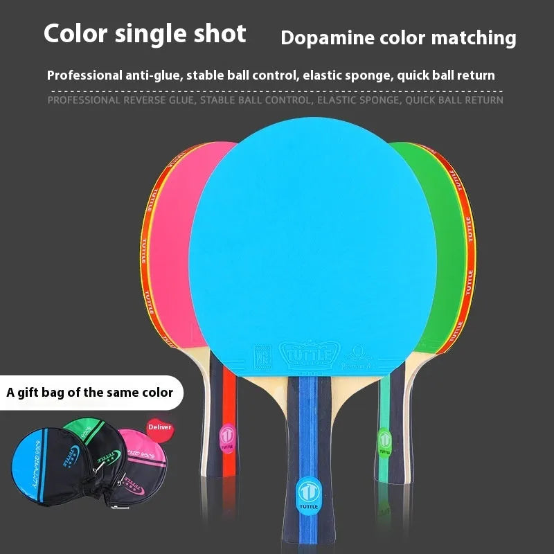 Colourful table tennis racket with pure wood blade and protective bag in pink, blue or green shakehand grip