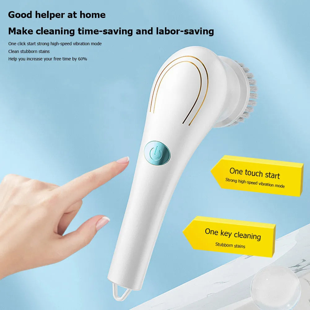 White cordless electric handheld scrubber with five interchangeable brush heads and USB charging cable