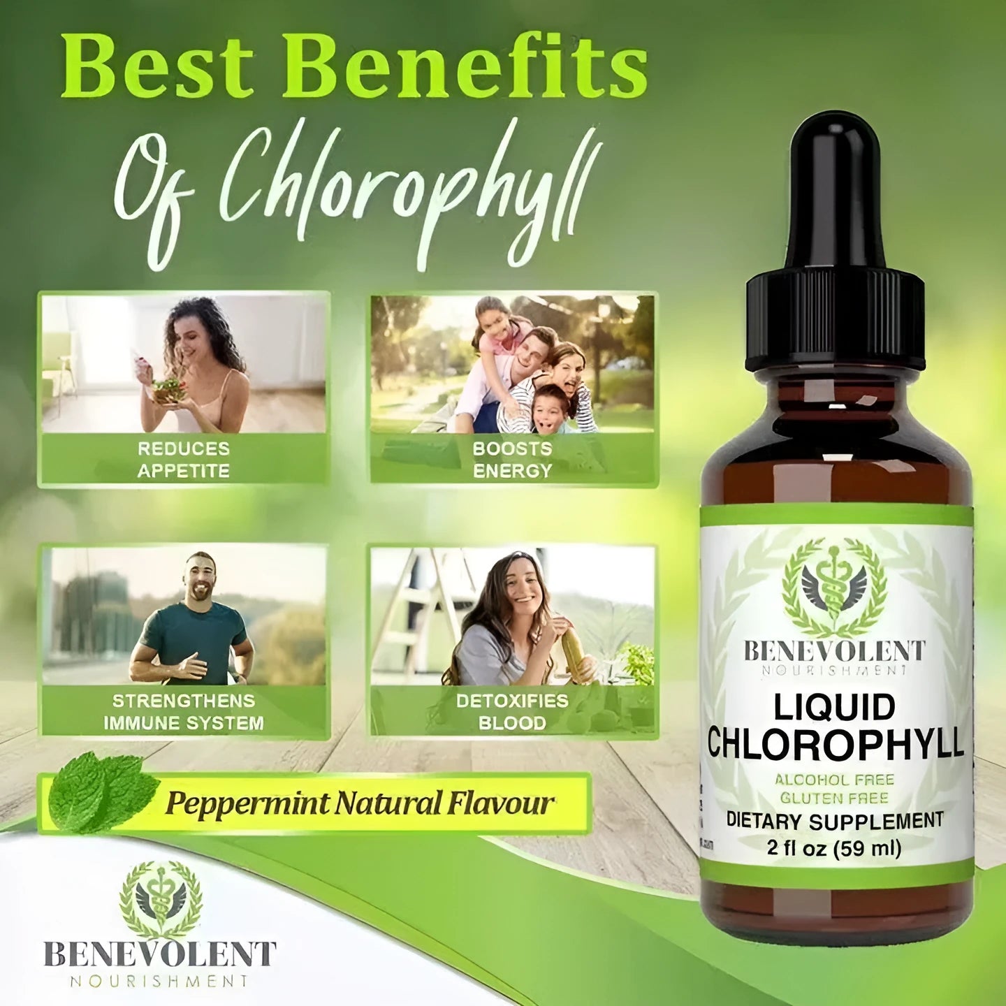 60 ml bottle of green chlorophyll liquid drops for adult dietary supplementation