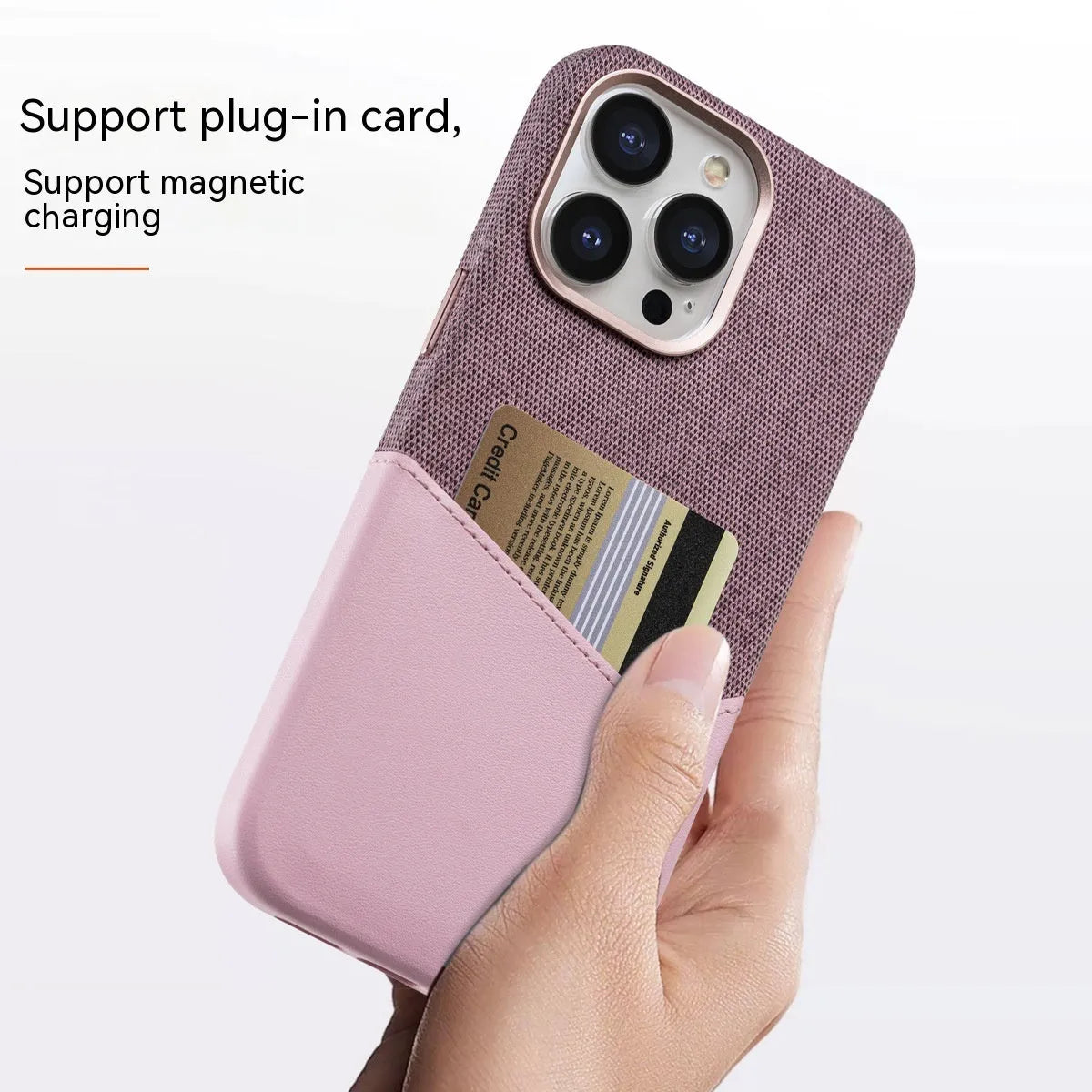 Black imitation leather magnetic card phone case with fabric finish for iPhone 12-15 Pro Max
