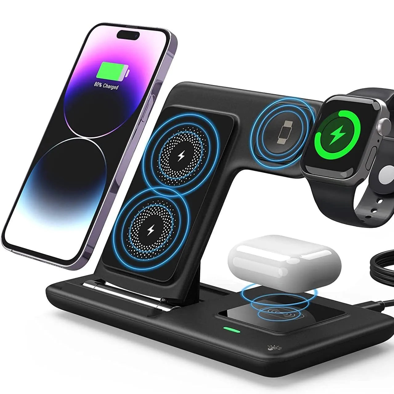 Three-in-one foldable wireless charger in white with twin coil 15W fast charge for smartphone earbuds smartwatch