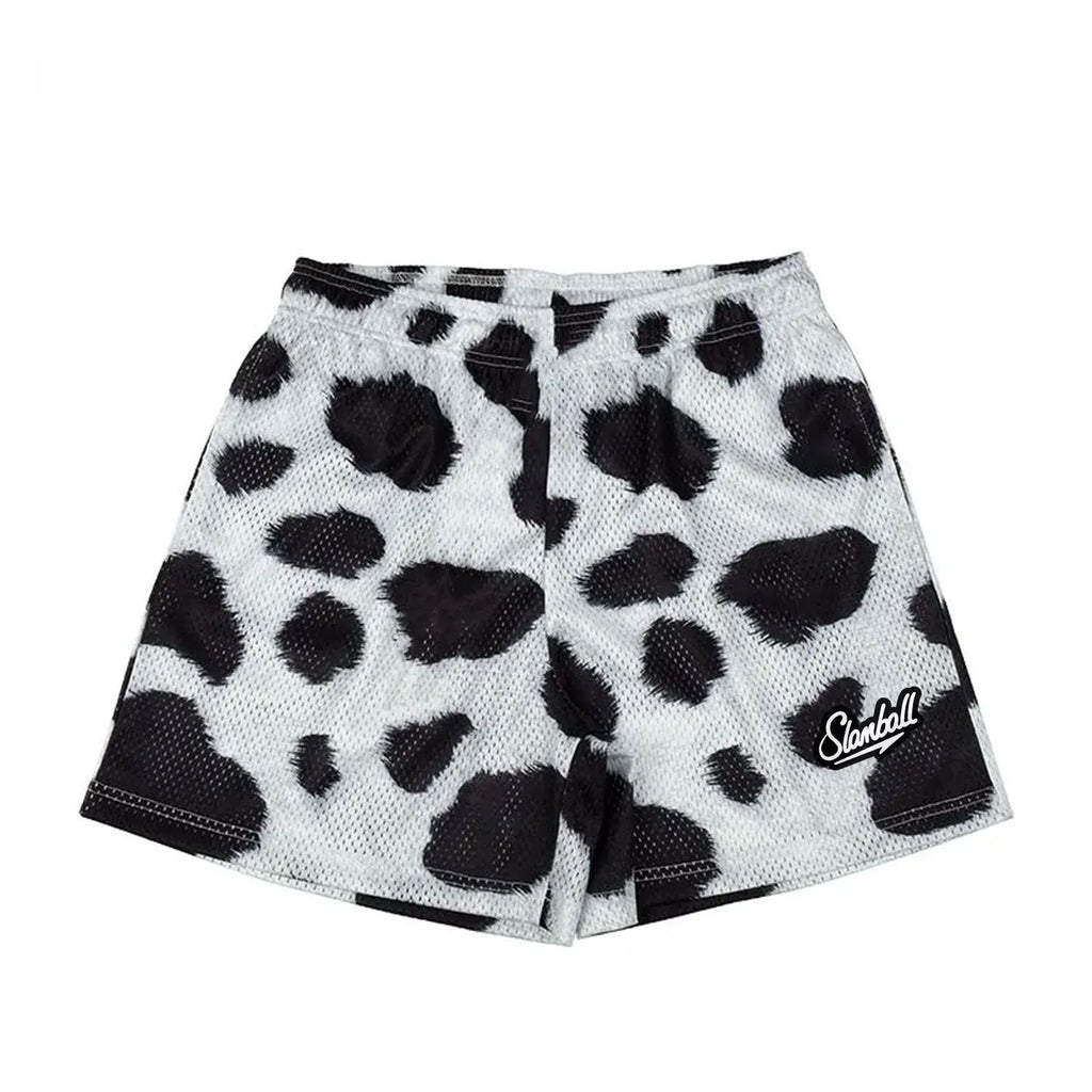 Men's leopard print quick-dry fitness training shorts on a white background