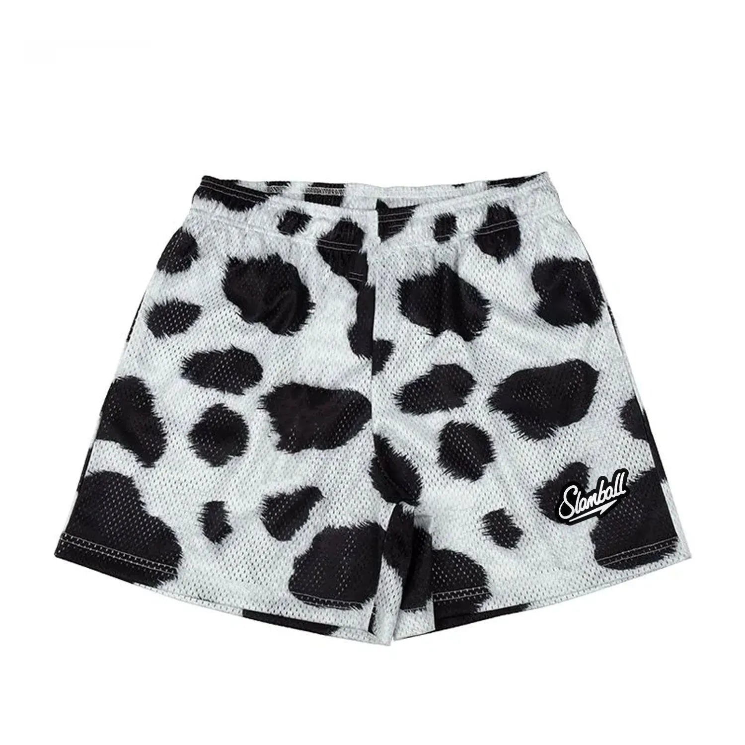Men's leopard print quick-dry fitness training shorts on a white background