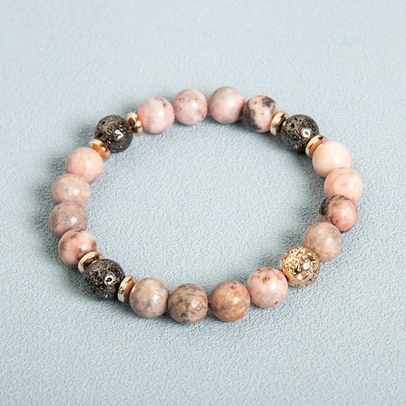 Pink zebra natural stone beaded bracelet with haematite spacers and round geometric beads