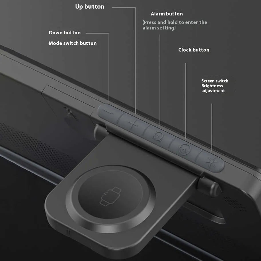 Folding five-in-one wireless charger in black with digital clock display showing time and charging pads.