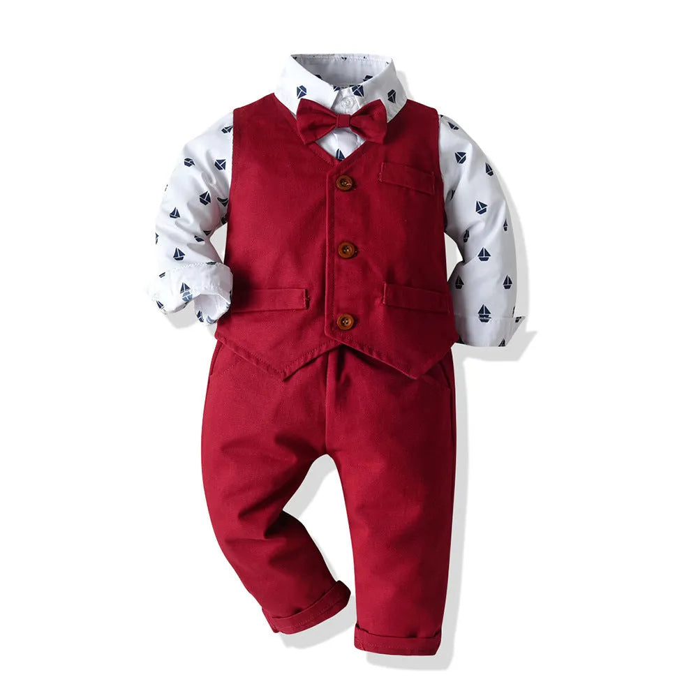 Boys red cotton long-sleeved shirt vest and trousers three-piece suit set for children