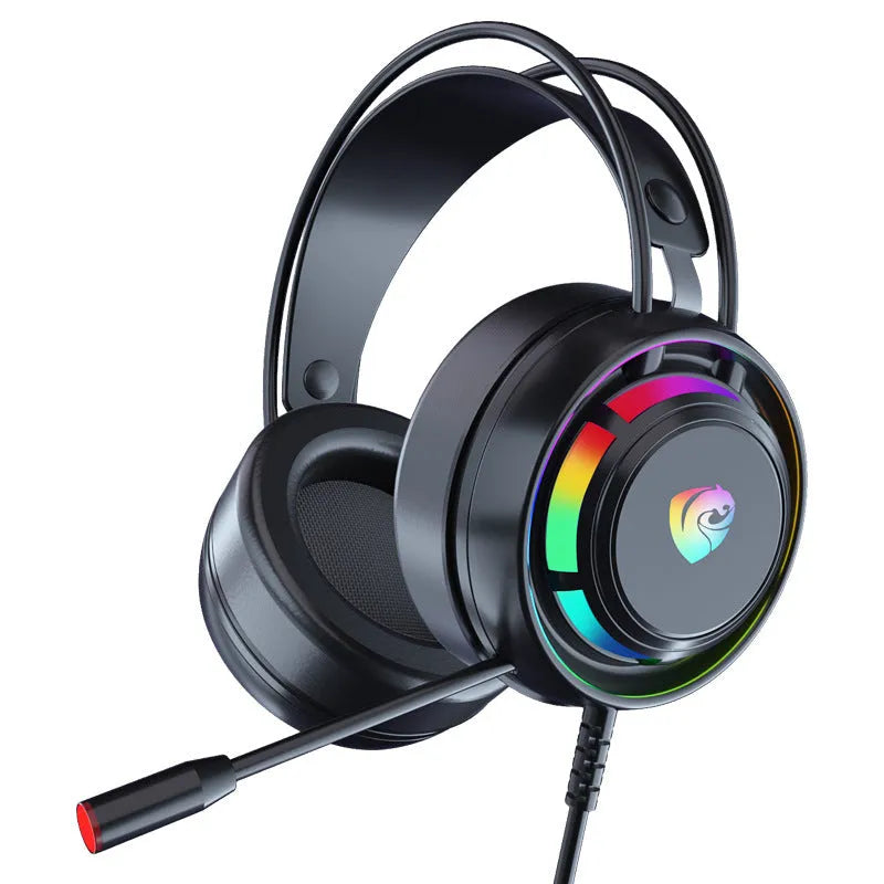 Black wired over-ear gaming headphones with a microphone and a long cable.