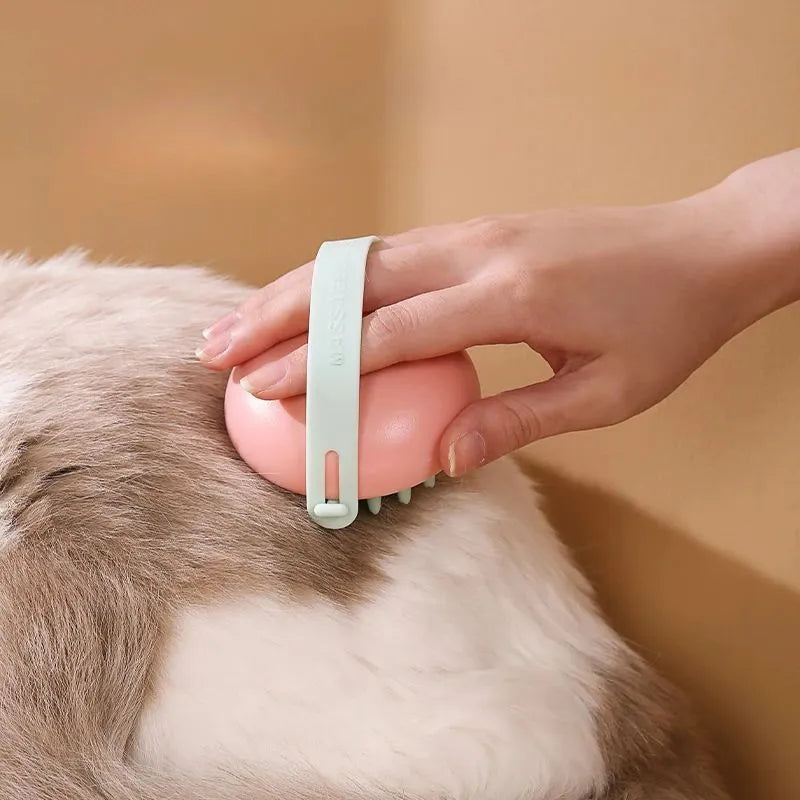 Silicone pet bathing brush with soft bristles and ergonomic handle in blue, pink, white, or yellow colours