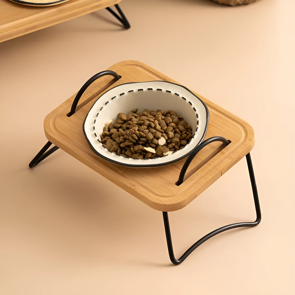 Pet wooden rack ceramic cat bowl anti-tumble oblique mouth feeding set in milk yellow