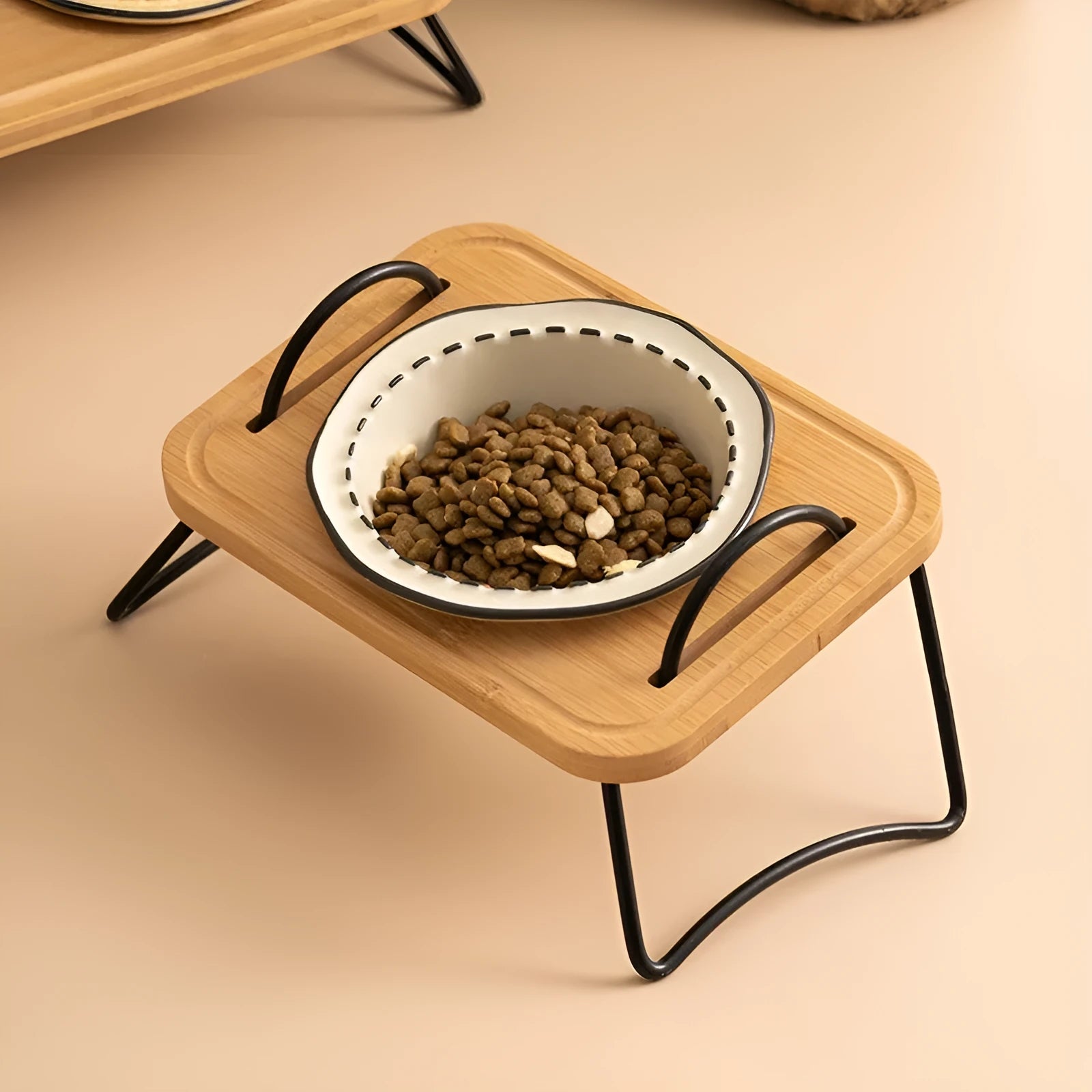 Pet wooden rack ceramic cat bowl anti-tumble oblique mouth feeding set in milk yellow
