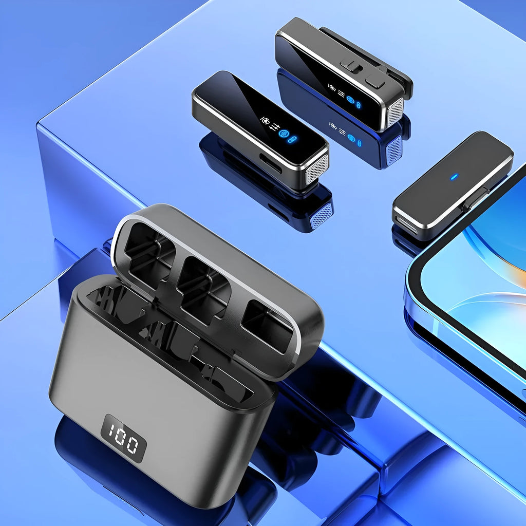 Wireless collar clip microphone with noise reduction, compact 7.7x6.2x2.7 cm, omni-directional pickup, USB 5V input