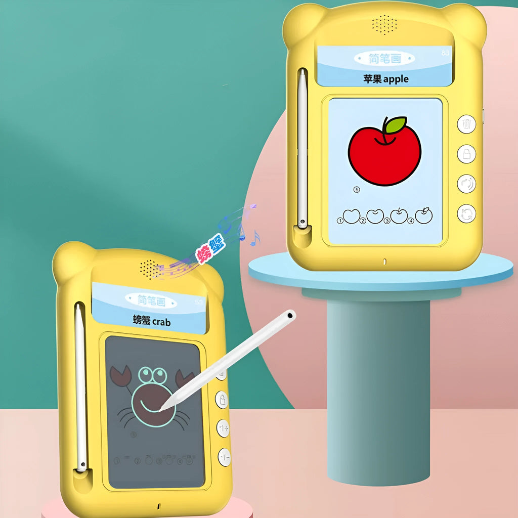 Yellow Creative Stick Figure Early Learning Machine with educational cards for bilingual child development