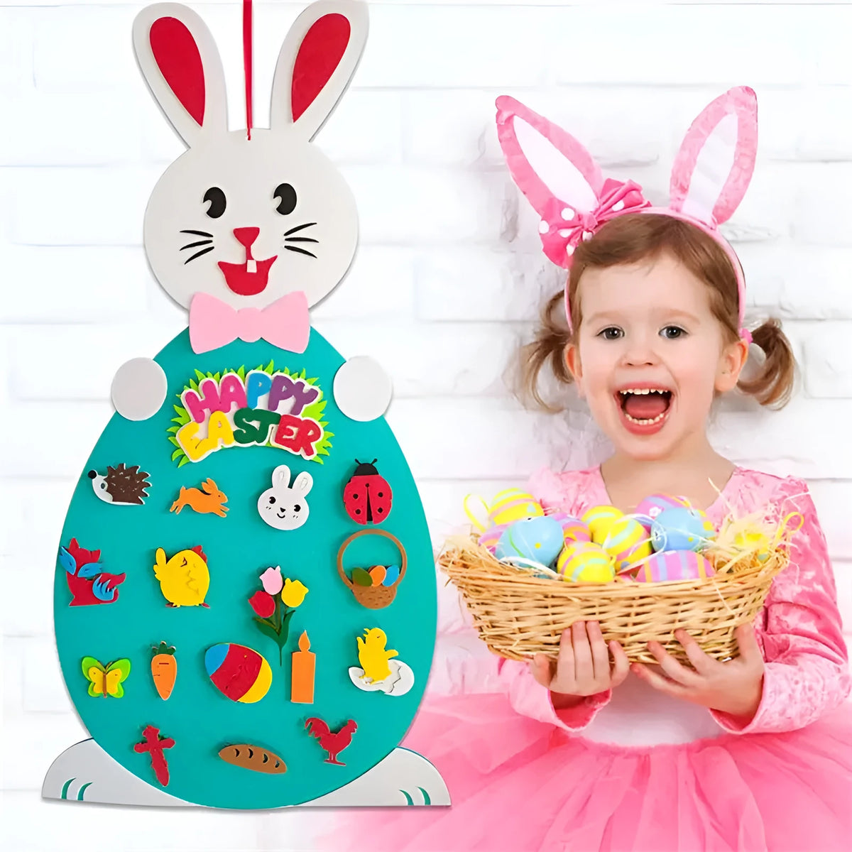 Easter felt bunny pendant with 7 detachable egg patches, 89 cm x 51 cm, for wall or door decoration