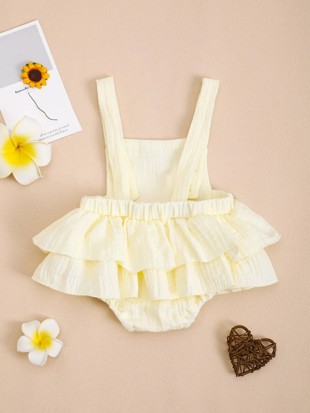 Baby girl cotton triangle jumpsuit summer dress in apricot, sleeveless with hidden hook closure